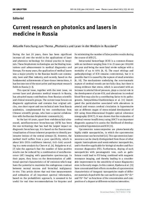 (PDF) Current research on photonics and lasers in medicine in Russia