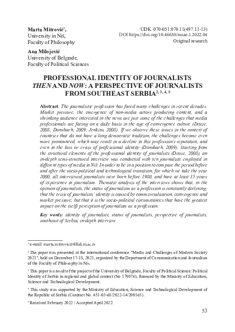 Pdf Professional Identity Of Journalists Then And Now A Perspective