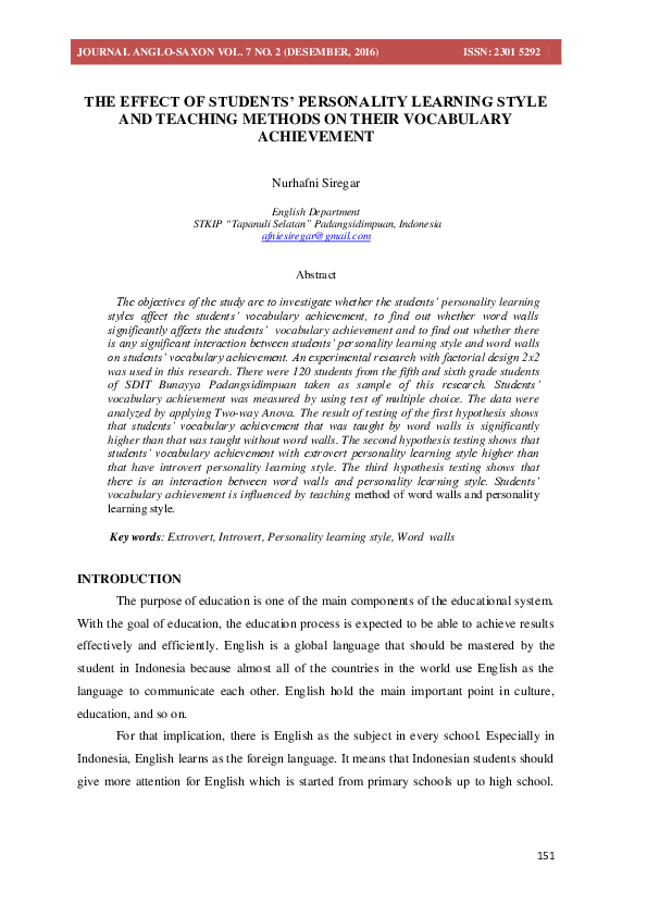 (PDF) The Effect of Students’ Personality Learning Style and Teaching ...