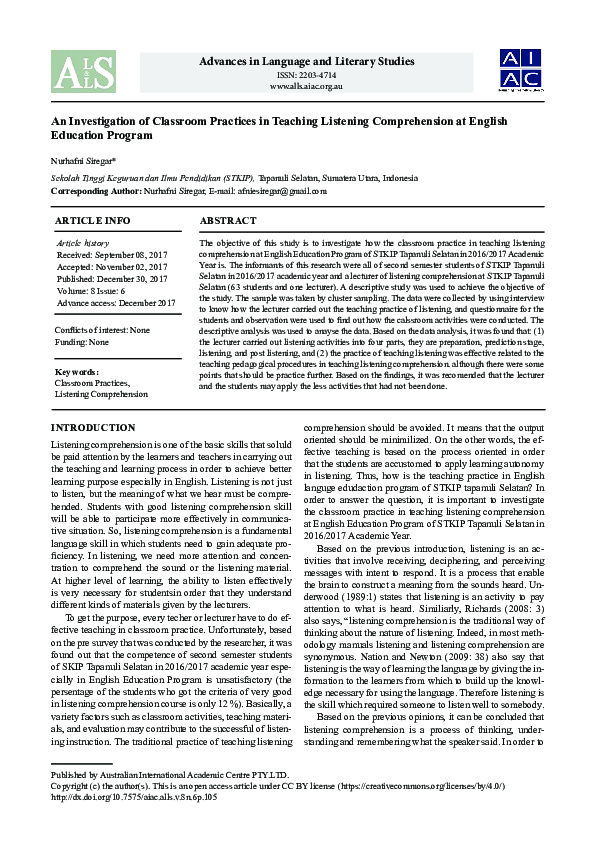 (PDF) An Investigation of Classroom Practices in Teaching Listening ...