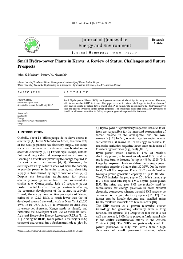 (PDF) Small HydroPower Plants in Kenya A Review of Status, Challenges