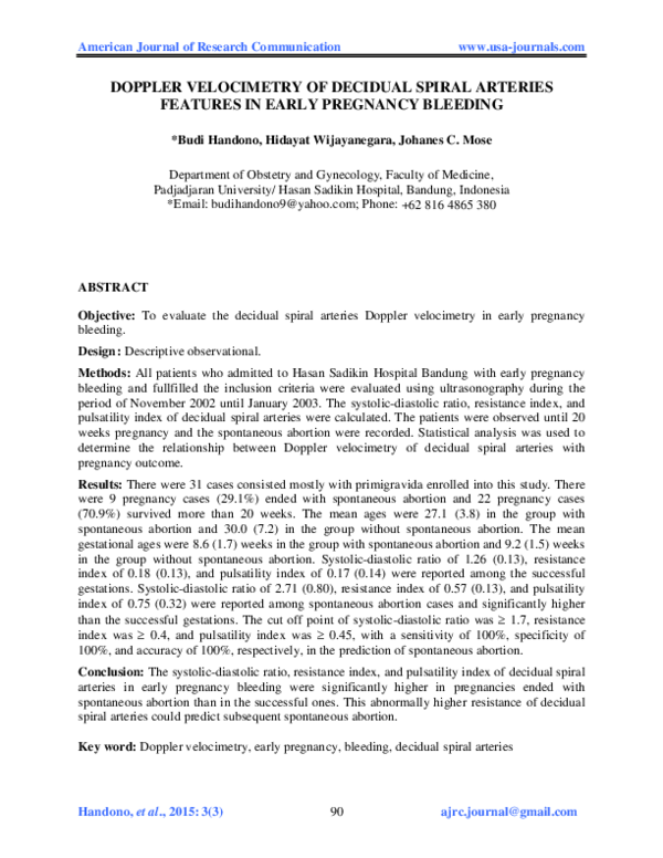 (PDF) Doppler Velocimetry of Decidual Spiral Arteries Features in Early ...