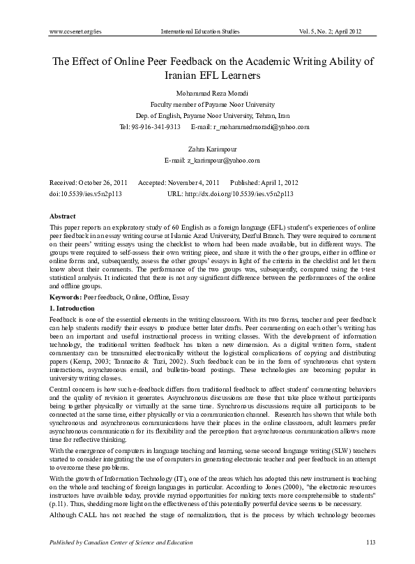 (PDF) The Effect of Online Peer Feedback on the Academic Writing ...
