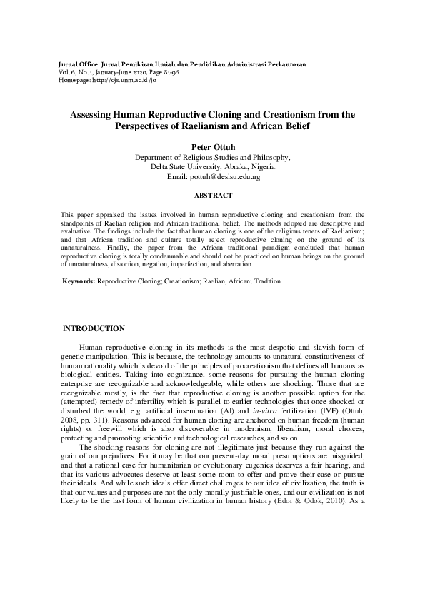 (PDF) Assessing Human Reproductive Cloning and Creationism from the ...