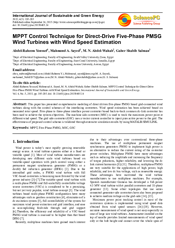 (PDF) MPPT Control Technique for Direct-Drive Five-Phase PMSG Wind ...