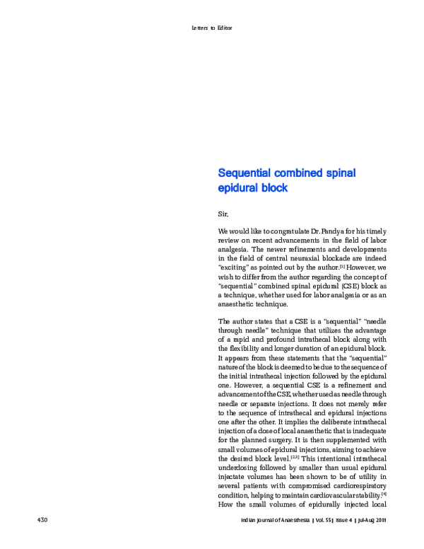 (PDF) Sequential combined spinal epidural block | surendra kumar ...