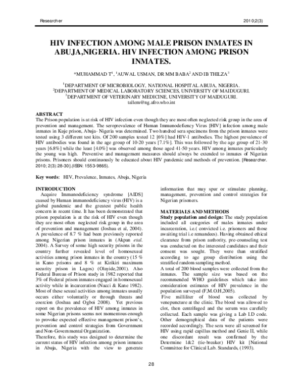 (PDF) HIV Infection Among Male Prison Inmates In Abuja, Nigeria. HIV
