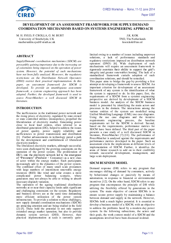 (PDF) Development of an Assessment Framework for Supply/Demand ...