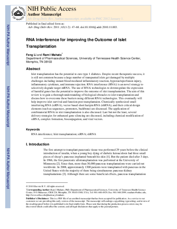 (PDF) RNA interference for improving the outcome of islet transplantation