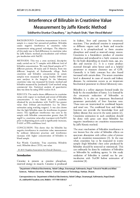 (PDF) Interference of Bilirubin in Creatinine Value Measurement by