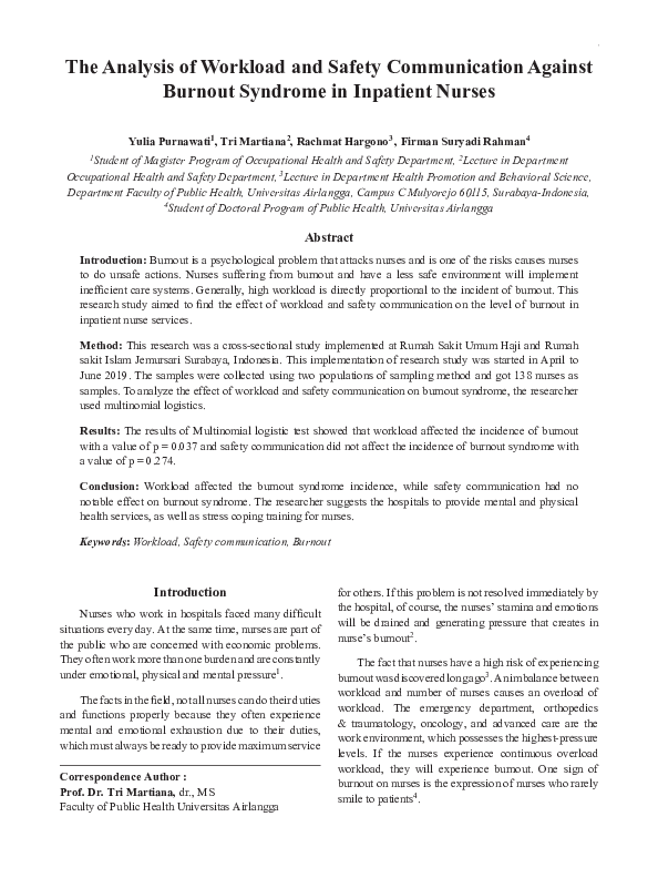 (PDF) The Analysis of Workload and Safety Communication Against Burnout ...