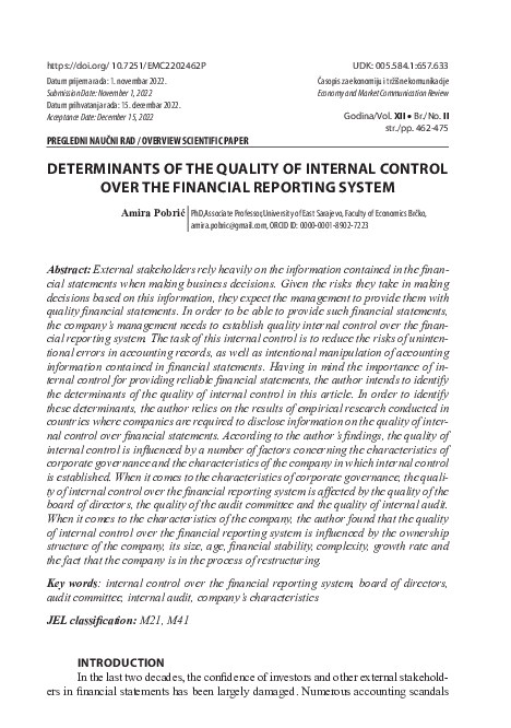 (PDF) DETERMINANTS OF THE QUALITY OF INTERNAL CONTROL OVER THE ...