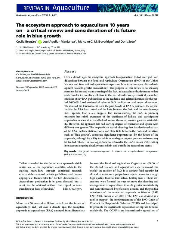 (PDF) The ecosystem approach to aquaculture 10 years on - a critical ...