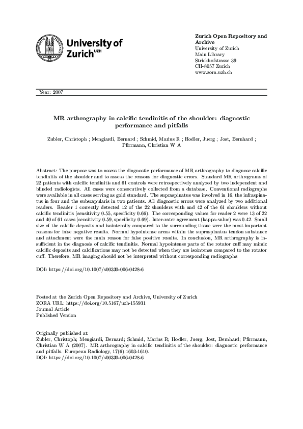 (PDF) MR arthrography in calcific tendinitis of the shoulder ...