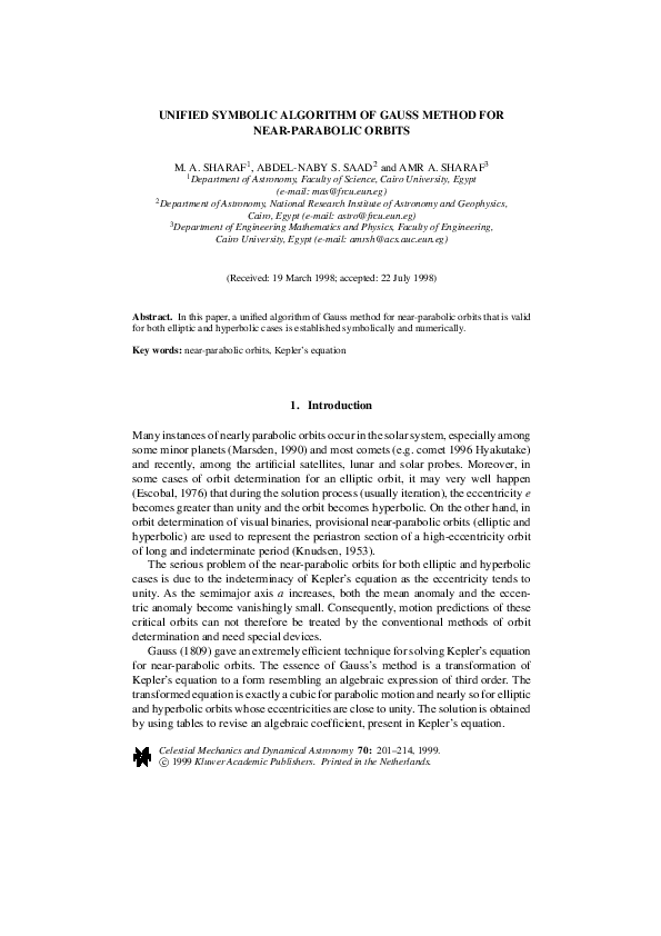 (PDF) Unified Symbolic Algorithm of Gauss Method for Near-Parabolic Orbits