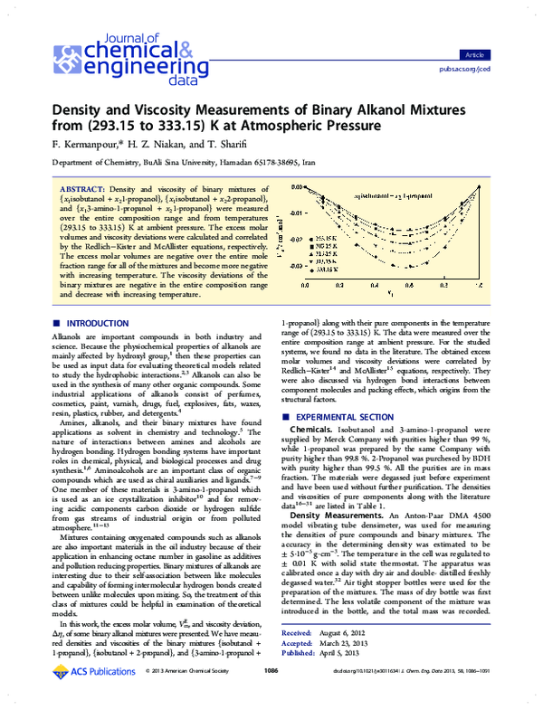 (PDF) Density and Viscosity Measurements of Binary Alkanol Mixtures ...