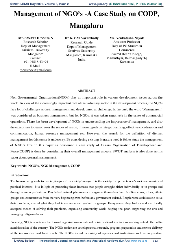 (PDF) Management of NGO's -A Case Study on CODP, Mangaluru