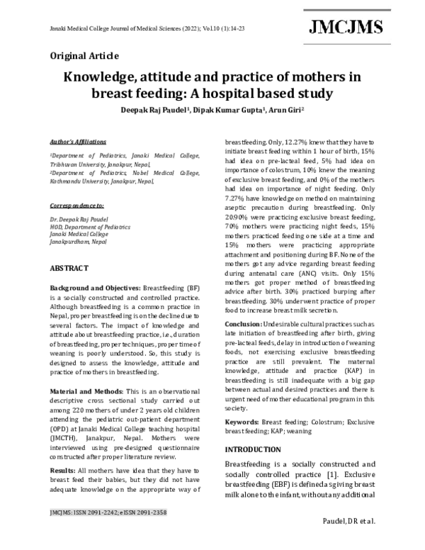 (PDF) Knowledge, attitude and practice of mothers in breast feeding: A ...