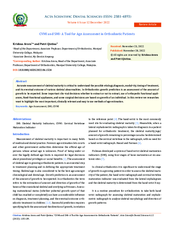 (PDF) CVMI and SMI A Tool for Age Assessment in Orthodontic Patients