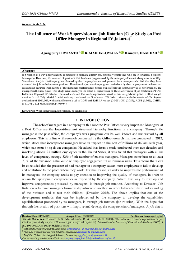 (PDF) The Influence of Work Supervision on Job Rotation (Case Study on ...