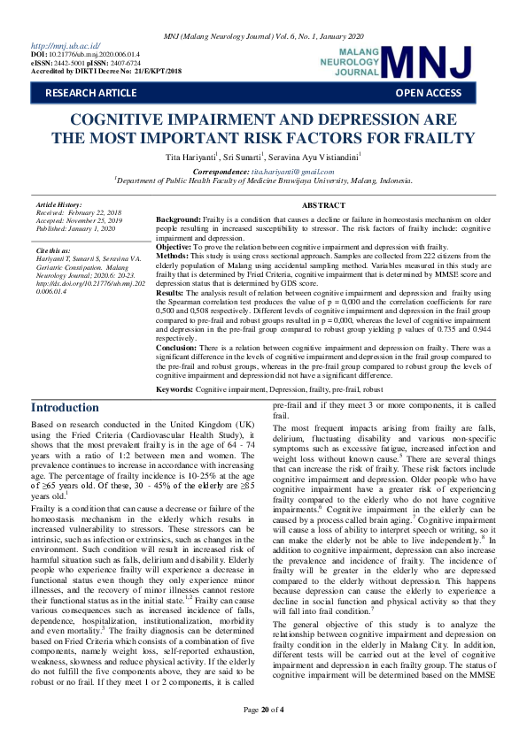 (PDF) Cognitive Impairment and Depression Are the Most Important Risk ...