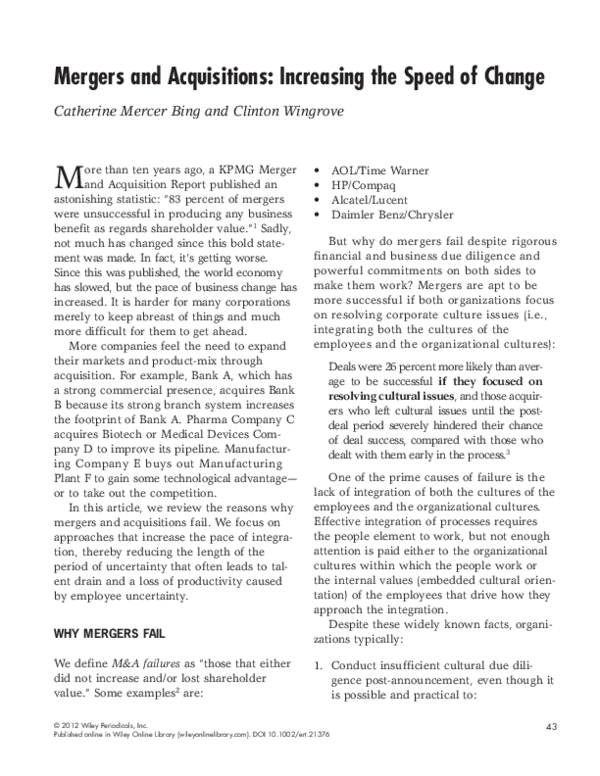 (PDF) Mergers and acquisitions: Increasing the speed of change