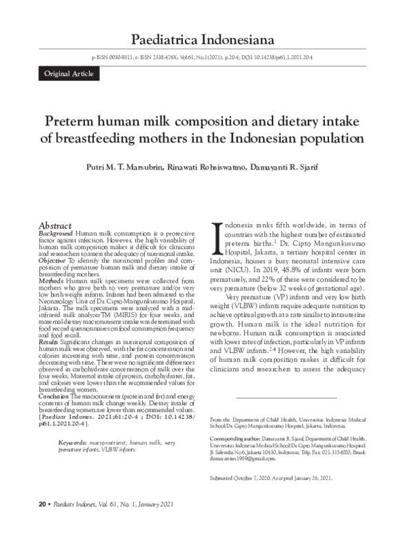 (PDF) Preterm human milk composition and dietary intake of ...