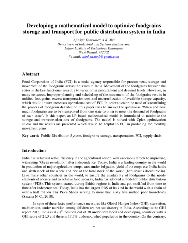 (PDF) Developing a mathematical model to optimize foodgrains storage