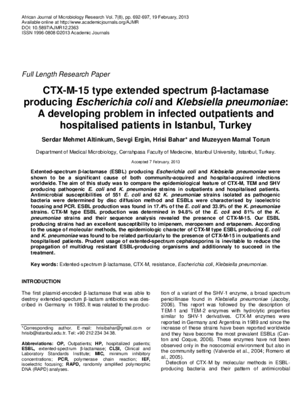 (PDF) CTX-M-15 type extended spectrum β-lactamase producing Escherichia ...