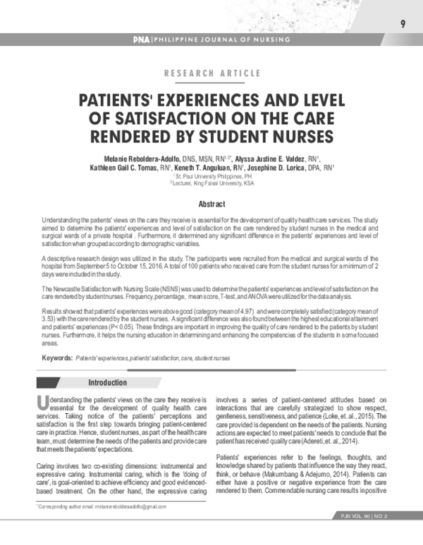 (PDF) PATIENTS' EXPERIENCES AND LEVEL OF SATISFACTION ON THE CARE ...