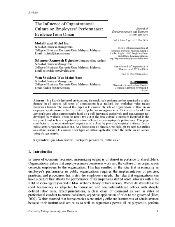 (PDF) The Influence of Organizational Culture on Employees’ Performance ...