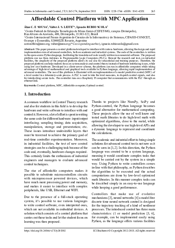 (PDF) Affordable Control Platform with MPC Application