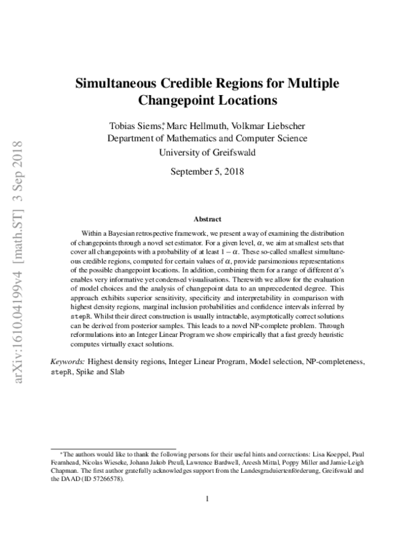 (PDF) Simultaneous Credible Regions for Multiple Changepoint Locations
