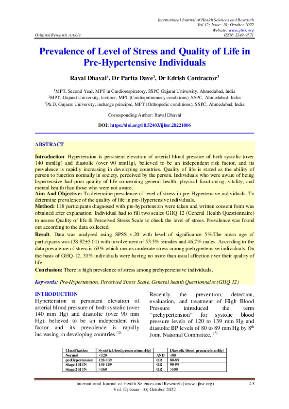 (PDF) Prevalence of Level of Stress and Quality of Life in Pre ...