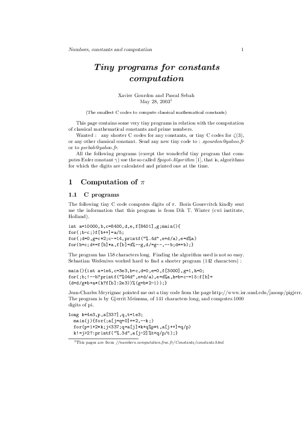(PDF) Numbers, constants and computation 1 Tiny programs for constants ...