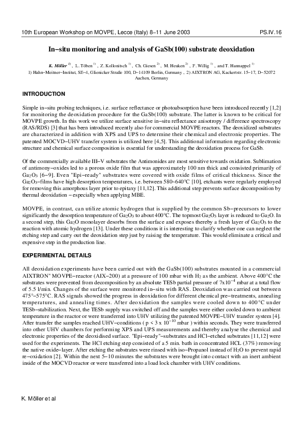 (PDF) In-situ monitoring and analysis of GaSb(100) substrate deoxidation