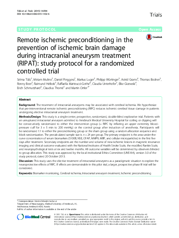 (PDF) Remote ischemic preconditioning in the prevention of ischemic ...