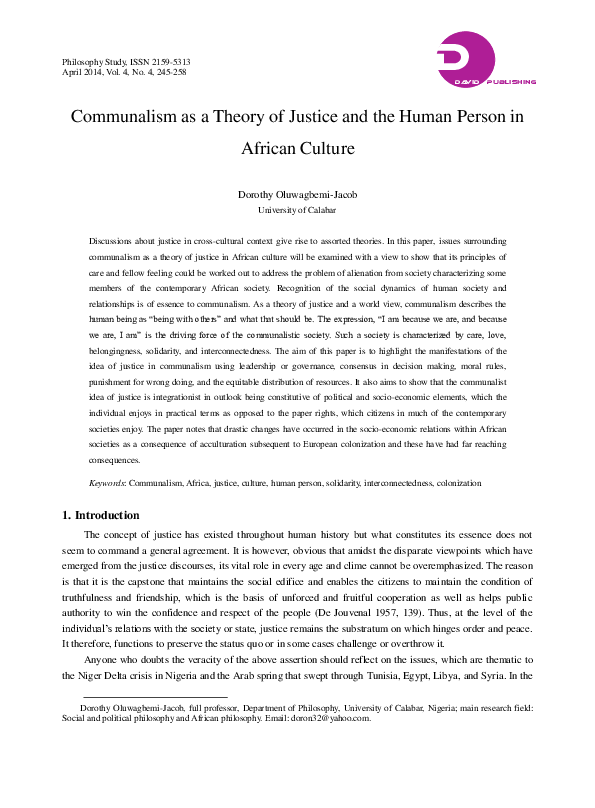 Pdf Communalism As A Theory Of Justice And The Human Person In