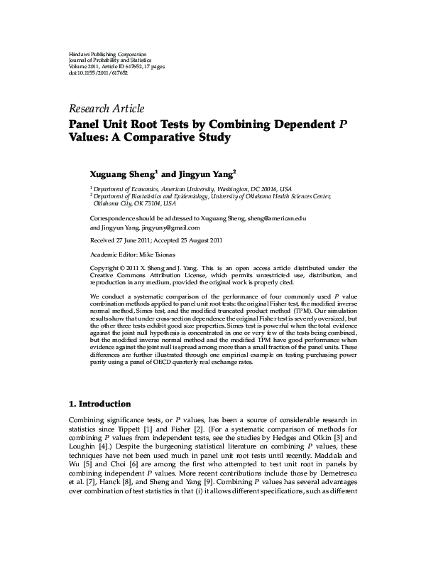 (PDF) Panel Unit Root Tests by Combining Dependent Values: A ...
