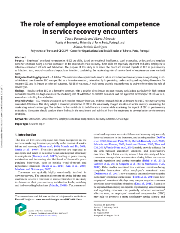(PDF) The role of employee emotional competence in service recovery ...