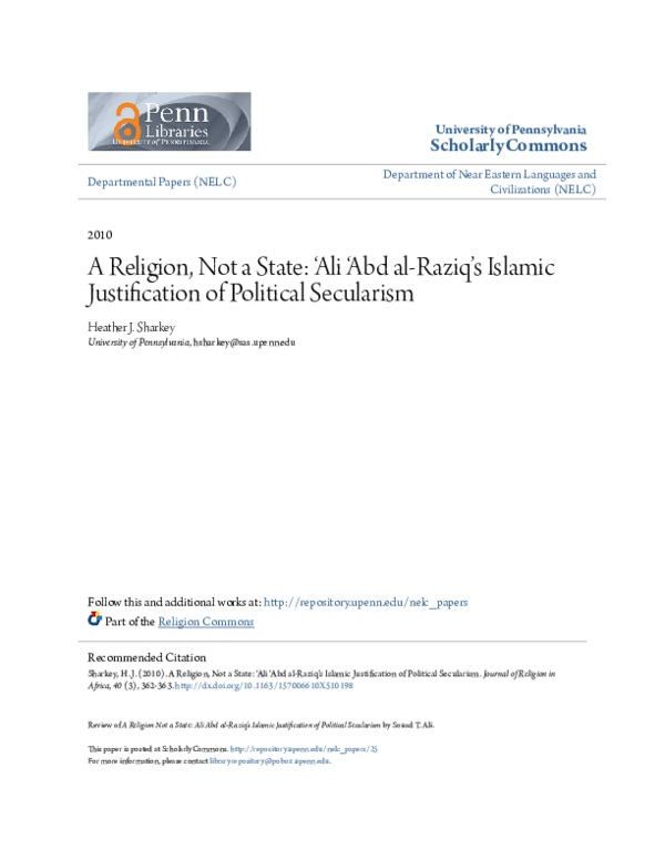 (PDF) Ali, Souad T. A Religion, Not a State ‘Ali ‘Abd alRaziq’s