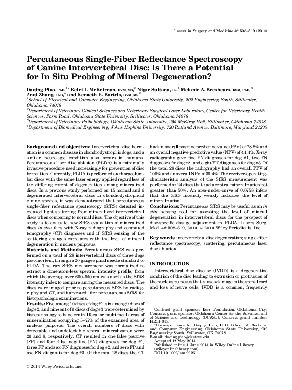 (PDF) Percutaneous singlefiber reflectance spectroscopy of canine