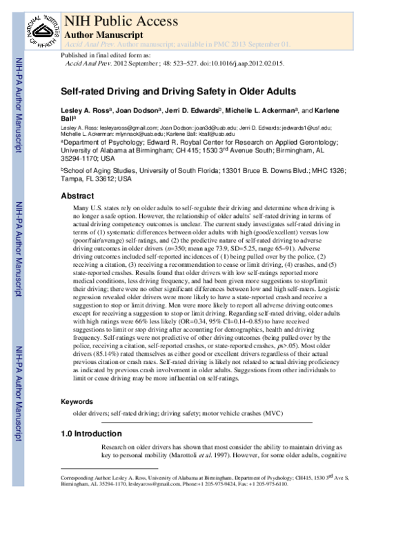 (PDF) Self-rated driving and driving safety in older adults