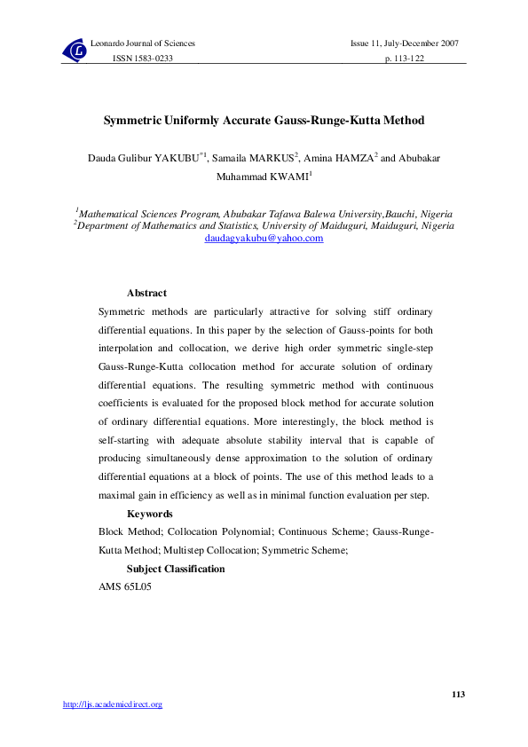 (PDF) Symmetric Uniformly Accurate GaussRungeKutta Method Abubakar Umar Kwami Academia.edu