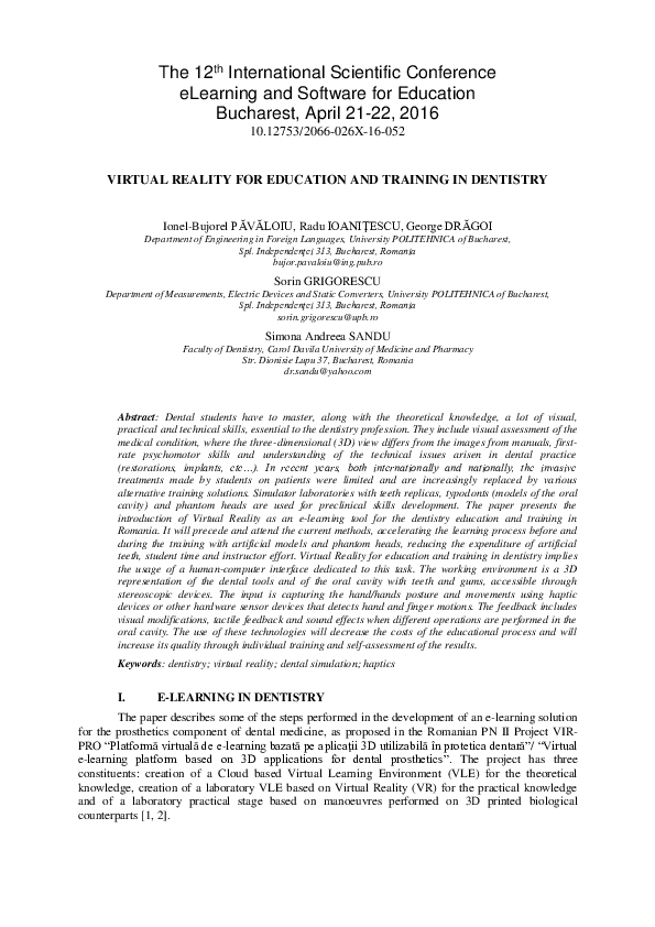 (PDF) Virtual Reality for Education and Training in Dentistry