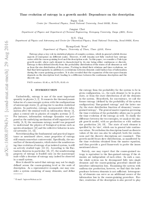 (PDF) Time evolution of entropy in a growth model: Dependence on the ...