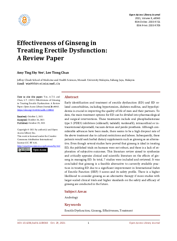 (PDF) Effectiveness of Ginseng in Treating Erectile Dysfunction A