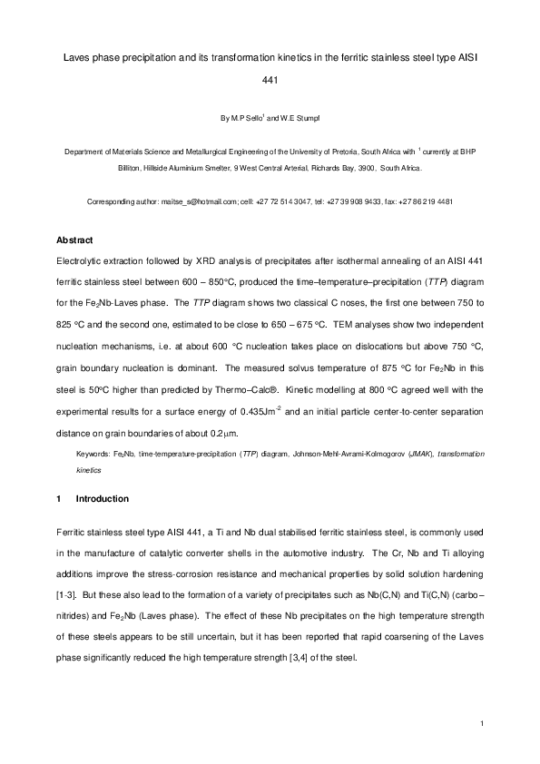 (PDF) Laves phase precipitation and its transformation kinetics in the ...
