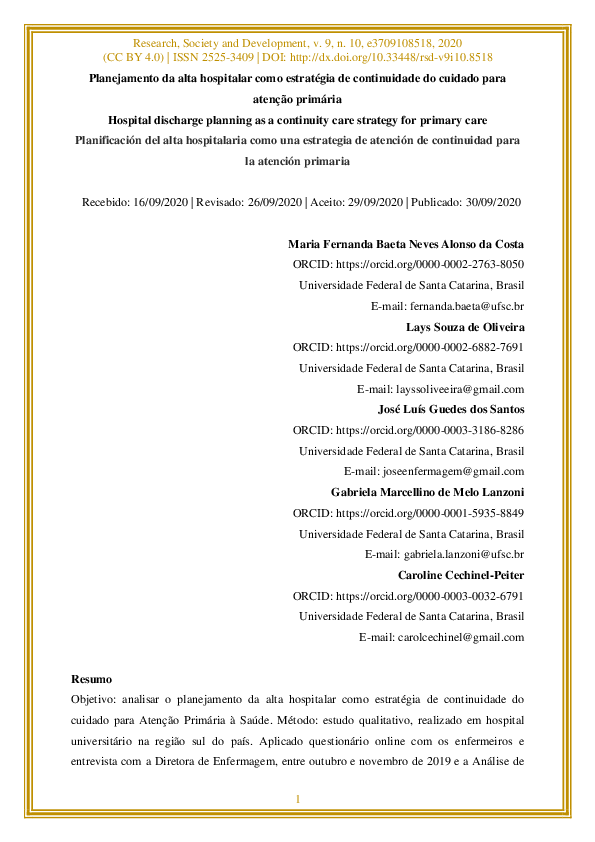(PDF) Planejamento da alta hospitalar como estratégia de continuidade ...
