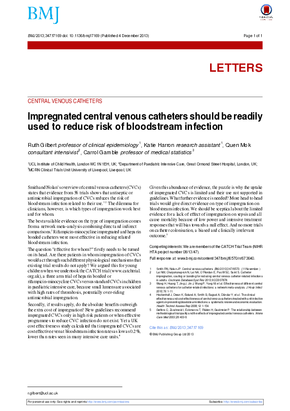 (PDF) Impregnated central venous catheters should be readily used to